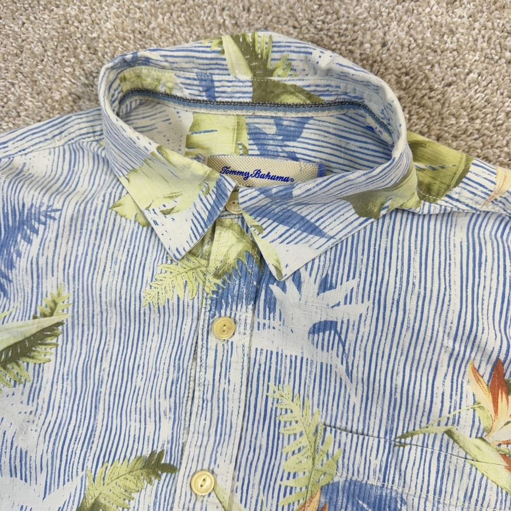 Tommy Bahama Mens Button Up Large Silk Aloha Shirt Blue White Striped Tropical